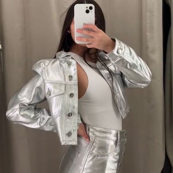 Zara SILVER CROPPED JACKET METALLIC - Picture 6 of 6